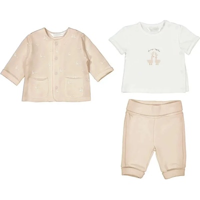 Mayoral Суичър в бежово, бяла тениска и бежов спортен панталон за новородено бебе Mayoral
