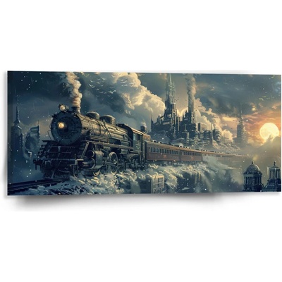 Sablio Obraz Parná lokomotíva v zasneženom meste - 110x50 cm