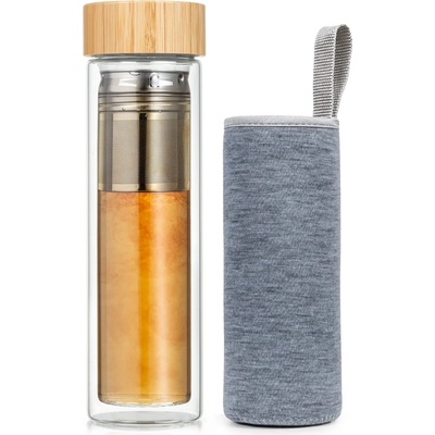 Klarstein Бутилка за чай, с капачка и цедка, 500 мл, двойно стъкло, бамбуков капак (BW-10275-001) (BW-10275-001)