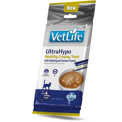 Farmina VET LIFE CAT Ultrahypo Creamy Treat with Hydrolysed Salmon Protein храна за котки над 1 г. с хранителни алергии - хипоалергенни лечебни кремообразни лакомства с хидролизиран протеин от сьомга- 4 сашета х 15гр