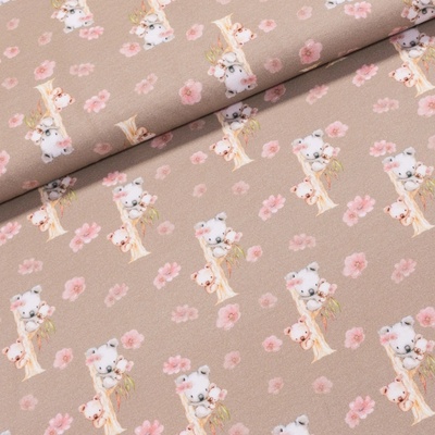 Bavlněný úplet dětský 8416-005 koaly na béžové, š.142cm (látka v metráži)