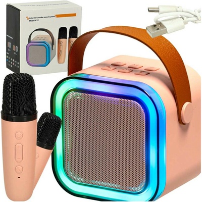 Karaoke set Bluetooth reproduktor 2 mikrofóny USB LED 6W ružová biela