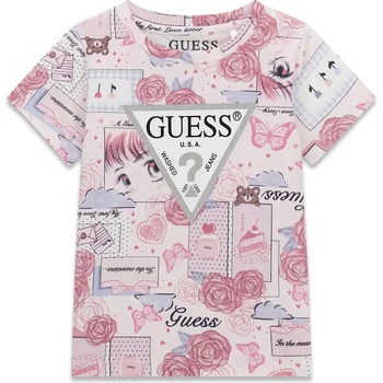 GUESS Розова тениска за мини момиче с пеперуди и рози със сребристо лого Guess