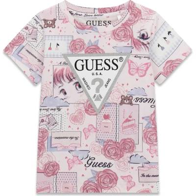 GUESS Розова тениска за мини момиче с пеперуди и рози със сребристо лого Guess