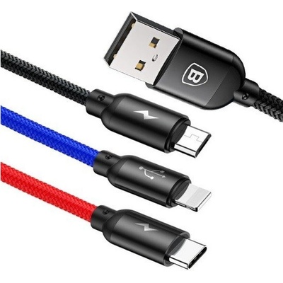 Baseus CAMLT-BSY01 Three Primary Colors 3v1 USB - micro USB / Lightning / USB-C nylonový opletený 3,5A, 1,2m, černý