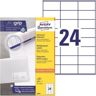 Avery-Zweckform 3475 70 x 36 mm papier biela 2400 ks trvalé univerzálne etikety atrament, laser, kópie; 3475