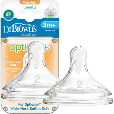 Dr.Browns náhradné silikon cumlíky pre dojčenské fľašky options+ Wide Neck stupeň 2 BPA Free 2 ks WN2201