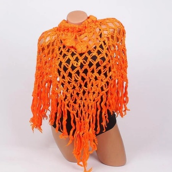 Image 1 of Плетено пончо с ресни в оранжев цвят