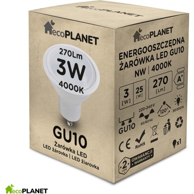 ecoPLANET LED žárovka GU10 3W studená bílá