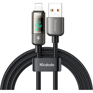Mcdodo Кабел за данни - Mcdodo (CA-3620) - USB-A → Lightning, 3A, цифров дисплей, Auto Power Off, прозрачен дизайн, 1.2m - Черен