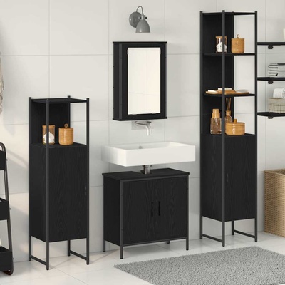 vidaXL Комплект мебели за баня с рафт 4 pcs Черно Инженерно дърво (3334435)