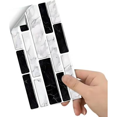 HARAHU 3D Dlaždicová Samolepiaca Tapeta 24ks Biela Čierna 20 x 10 cm