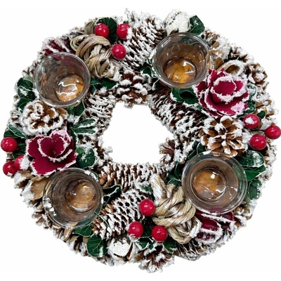Goba Přírodní adventní věnec 3001202, červený, zasněžený, skleněné kalíšky 32 cm