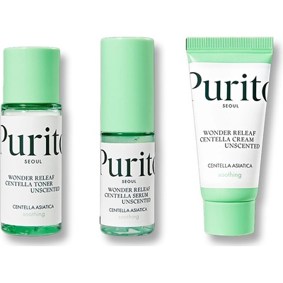 Purito Wonder Releaf upokojujúce pleťové tonikum pre citlivú pleť 30 ml + regeneračné pleťové sérum 15 ml + regeneračný krém na upokojenie pleti 12 ml