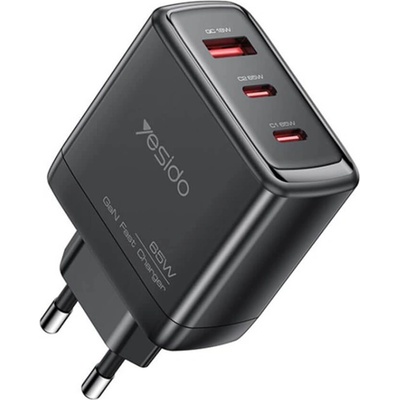 Захранване за ел. мрежа за лаптопи, смартфони и таблети с USB-A и 2xUSB-C изходи с технология за бързо зареждане - Yesido YC144 GaN Fast Wall Charger 65W (черен) (YC144 (KF2357817))