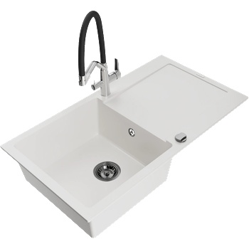 Mexen Leo гранитна кухненска мивка с една камера с отцедник и кухненски смесител Duo, бял - 6501-20-671701-07-B (6501-20-671701-07-B)