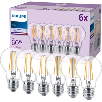 Philips 6x E27 A60 LED žárovka 7W = 60W 850 lm 4000K denní bílá vlákno