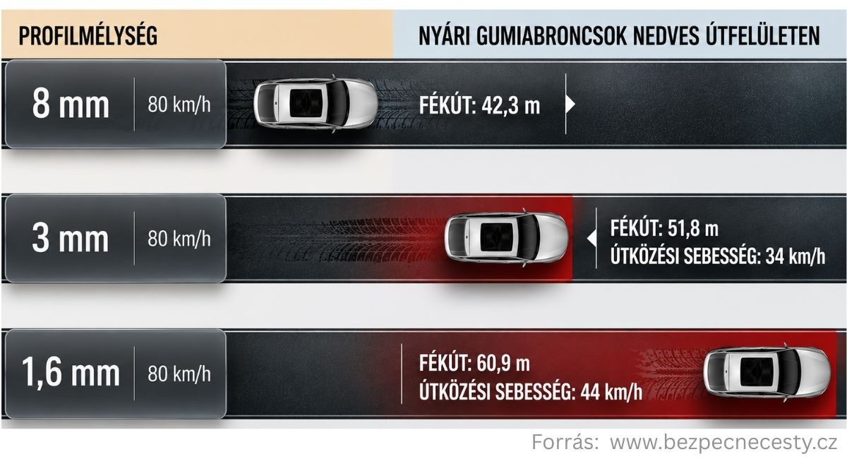 A fékút növekedése a gumiabroncs futófelületének kopásának mértékétől függően A fékút növekedése a gumiabroncs futófelületének kopásának mértékétől függően