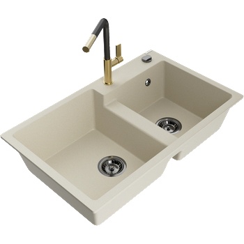 Mexen Tomas кухненска мивка от гранит с 2 отделения и кухненски смесител Flora, бежов - 6516-69-670401-57-B (6516-69-670401-57-B)