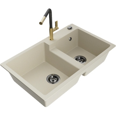 Mexen Tomas кухненска мивка от гранит с 2 отделения и кухненски смесител Flora, бежов - 6516-69-670401-57-B (6516-69-670401-57-B)