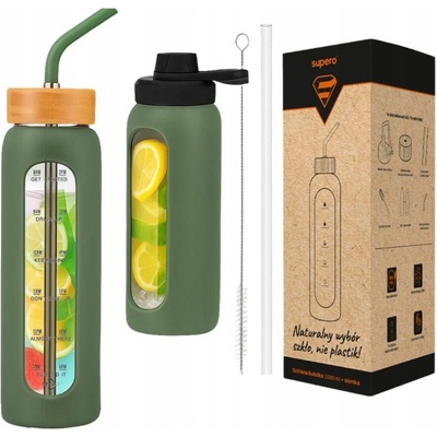 Skleněná lahvička na vodu SUPERO 1000 ml + 2 brčka zelená