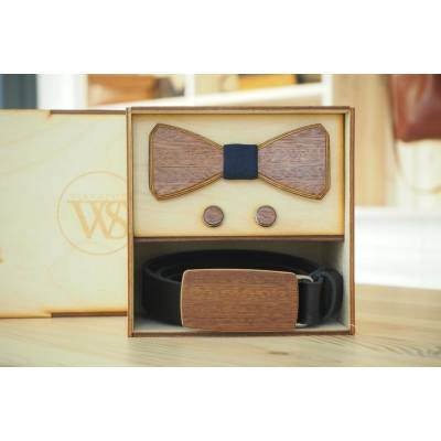Wood Style Set Hranatý Modrotisk opasek motýlek a manžetové knoflíčky Hnědá Třešeň