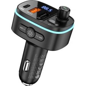 hoco. E62 Bluetooth FM предавател за кола, зарядно устройство, 2 USB+Type-C гнезда v5.0, LED дисплей, ЧЕРНО (E62)
