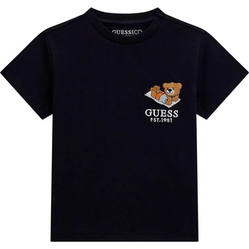 GUESS Изчистена тъмно синя тениска за мини момче с малко цветно мече отпред Guess