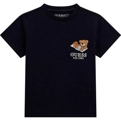 GUESS Изчистена тъмно синя тениска за мини момче с малко цветно мече отпред Guess