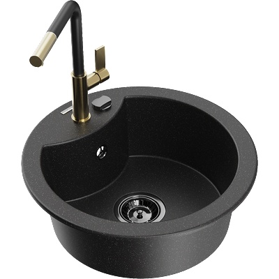 Mexen Diego гранитна мивка с 1 отделение и кухненски смесител Flora, черен/сребърен металик - 6512-73-670401-57-B (6512-73-670401-57-B)