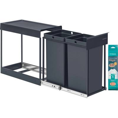 SONGMICS waste bin kitchen, waste separation system for base cabinet, 2 x 15 L, waste bin 2 compartments, extendable, steel frame, ABS lid, gray LTB950GZ01