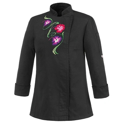 Egochef Черна дамска готварска куртка с бродирани цветя, Ego Chef в онлайн магазин www. vvmstore. com (1003 002C)
