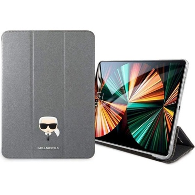 KARL LAGERFELD Saffiano Karl Head Folio Case - дизайнерски кожен кейс с поставка за iPad Pro 11 (2021), iPad Pro 11 (2020), iPad Pro 11 (2018) (сребрист)