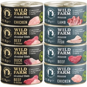 WILD FARM Микс от вкусове 4x85 г + 4x70 г - беззърнена храна за котки
