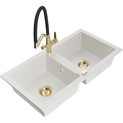 Mexen Mario двоен гранитен мивка с кухненски смесител Duo, бял - 6504-20-671701-57-G (6504-20-671701-57-G)