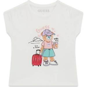 GUESS Бяла тениска за мини момиче с цветно мече и розов надпис Guess