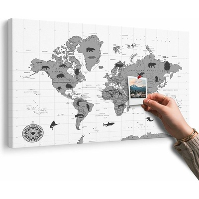 Obraz na korku mapa so zvieratami v čiernobielom prevedení