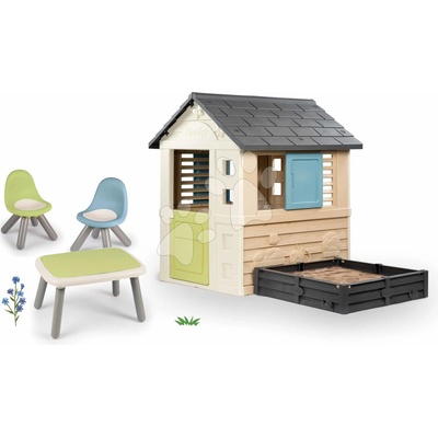 Smoby Set domček s pieskoviskom a záhradkou Square Lifea piknikový stôl s dvoma stoličkami KidChair