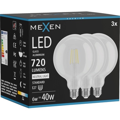 Mexen Vintis 3x LED крушка с нажежаема жичка E27, G125, 6W, Неутрална - 4000K, 720 lm, (L158-E27-0640-00x03)