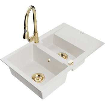 Mexen Gaspar кухненска мивка гранитна 1, 5 камери с отцедник и кухненски смесител Elia, бял - 6507-20-670101-50 (6507-20-670101-50)