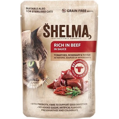 Shelma Cat пауч за котки с говеждо, домати, билки 85gr