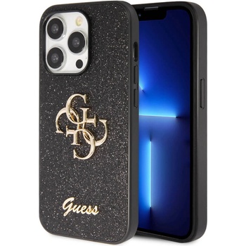 GUESS PU Fixed Glitter 4G Metal Logo Case - силиконов (TPU) калъф за iPhone 15 Pro Max (черен)