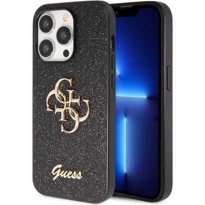 GUESS PU Fixed Glitter 4G Metal Logo Case - силиконов (TPU) калъф за iPhone 15 Pro Max (черен)