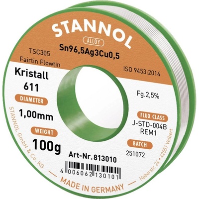 Stannol Kristall 611 Fairtin spájkovací cín bez olova bez olova Sn96,5Ag3Cu0,5 REM1 100 g 1 mm