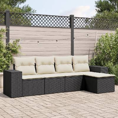 vidaXL Градински комплект с възглавници, 5 части, черен полиратан (3254823)