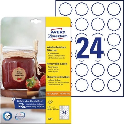 Etikety v tvare kvetu 40,8x40,3mm Avery 10 hárkov biele