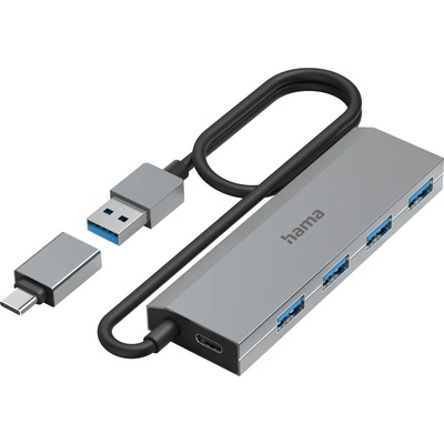 Hama 4-портов хъб, USB 3.2 Gen 1, 5 Gbit/s, вкл. USB-C адаптер, авт. захран (HAMA-200138)