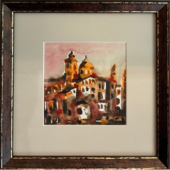 Акварелна картина с топъл градски пейзаж
