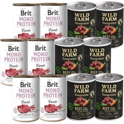 Brit mono proteín jahňacie 6x400 g + Wild Farm Monoprotein hovädzie 6x400 g