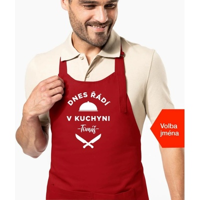Kariban HobbyTriko Zástěra pro muže se jménem Dnes řádí v kuchyni.. Červená